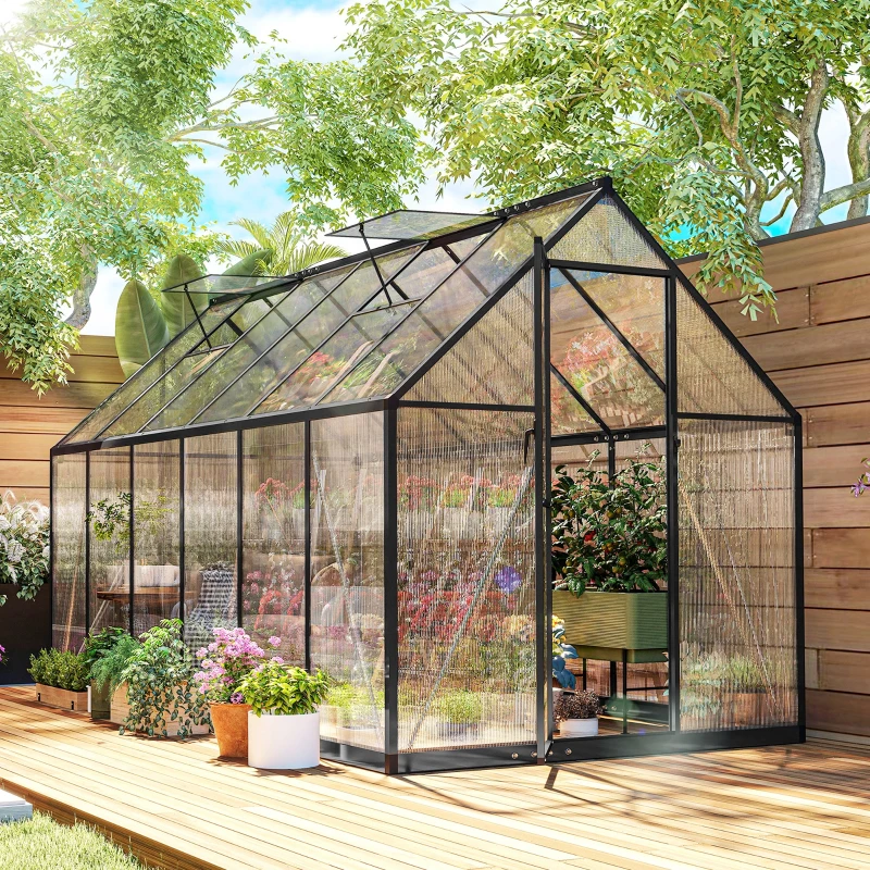 Outsunny Polycarbonate Greenhouse with Swing Door and Two Adjustable Roof Vents, Aluminum Walk-in Greenhouse, 11x6 ft, Black