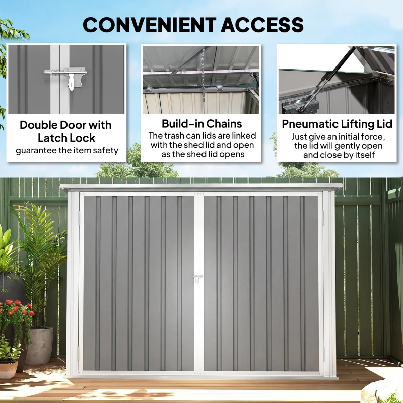 Outsunny Outdoor Metal Storage Shed Garden Garbage Can Organizer with Double Door and Vents for 2 Trash Cans, Light Grey