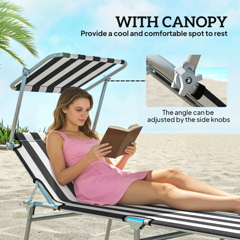 Outsunny Outdoor Pool Chaise Lounge Chair, Folding Tanning Chair with Sun Shade, Black and White