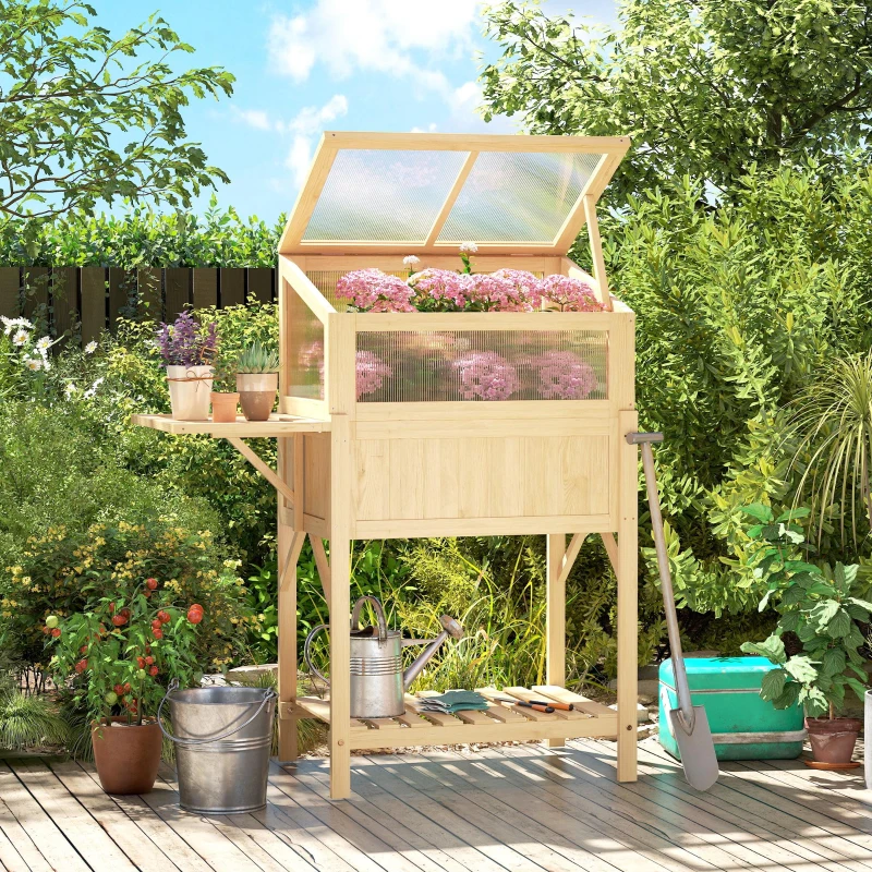 Outsunny Raised Garden Bed Planter with Cold Frame, Wooden Elevated Planter Box with Folding Side Table and Shelf, Natural Wood