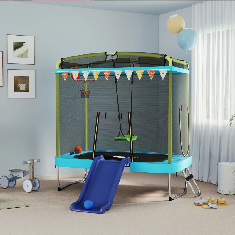 Qaba 70" x 47" Trampoline for Kids Indoor & Outdoor with Slide, Swing, Basketball Hoop and Safety Enclosure, Light Blue