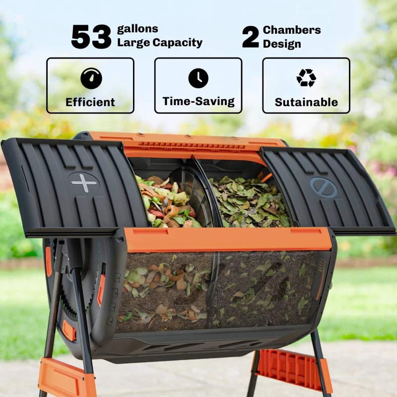 Outsunny Compost Bin Outdoor, 53 Gal Dual Chamber Tumbling Composter with Adjustable Vents, BPA Free Tumbling Composter, Orange