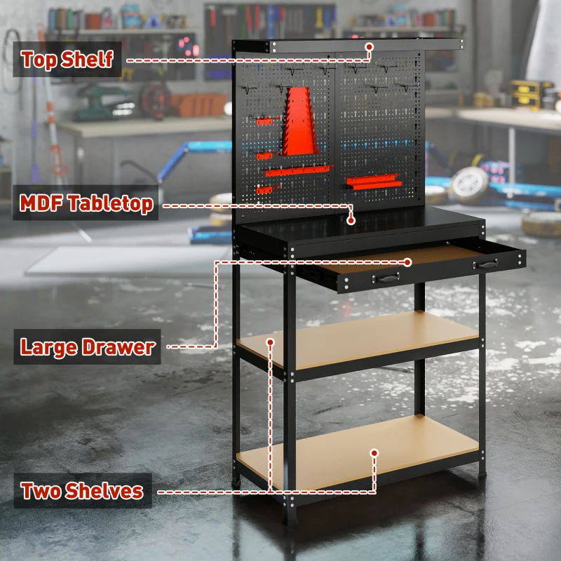 HOMCOM Work Bench with Pegboard, 31.5" Heavy Duty Metal Workbench with Hanging Kits, 2 Lower Shelves and Large Drawer, Black