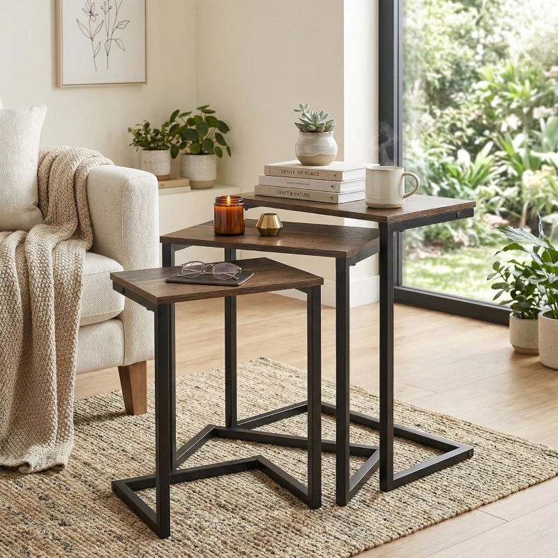 HOMCOM Nesting Coffee Table Set of 3, Stackable Rectangular End Tables with Wood-Effect Top, Metal Frame, Industrial & Rustic C-Shaped for Small Space, Living Room, Rustic Brown