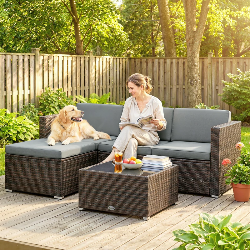 Outsunny 3 Pieces Patio Furniture Set with Cushions, Outdoor PE Rattan Wicker Conversation Corner Sofa Set with Glass Top Table