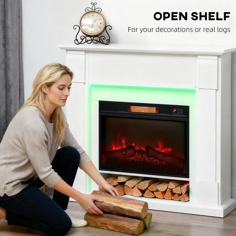 HOMCOM 41 Inch Electric Fireplace with Mantel, 1400W Fireplace Heater with Adjustable 3D Flame Effect for Living Room, White