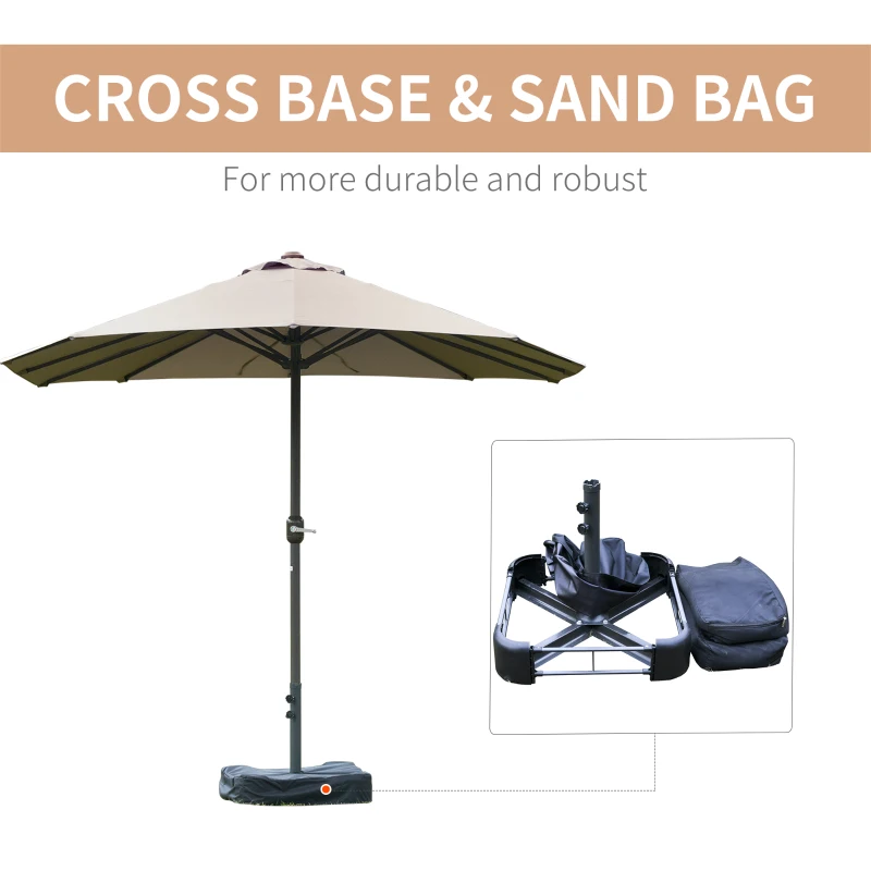 Outsunny 15' Outdoor Patio Umbrella with Twin Canopy Sunshade Steel Table Umbrella w/ Lift Crank, Cross base, Sandbag, Light Grey
