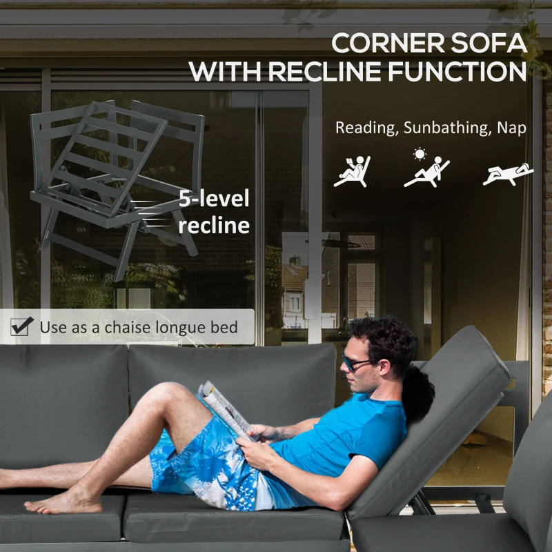 Outsunny Outdoor Corner Garden Set, Convertible 4-Piece Furniture with 2 Sofas, 1 Corner Chair, and 1 Coffee Table, Grey