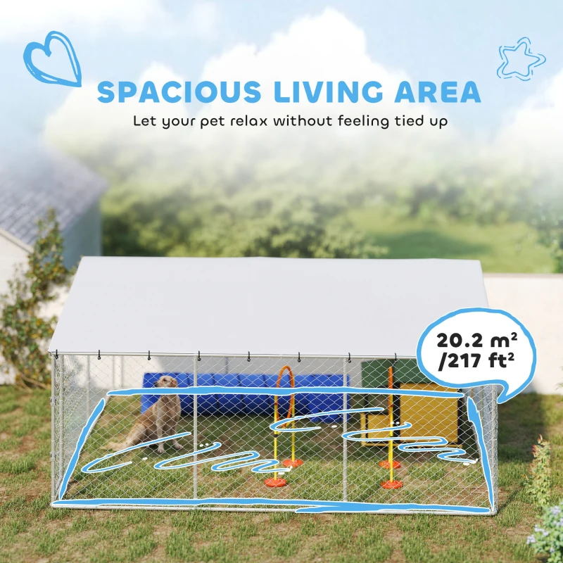 PawHut 14.8' x 14.8' x 7.1' Dog Kennel Outdoor for Small Medium Large Dogs with Waterproof Cover, Silver