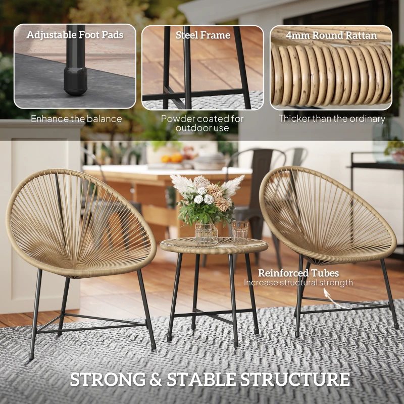 Outsunny Outdoor Bistro Set, 3 Piece Wicker Patio Furniture Set with Acapulco Chairs and Glass-Top Table, Natural Wood