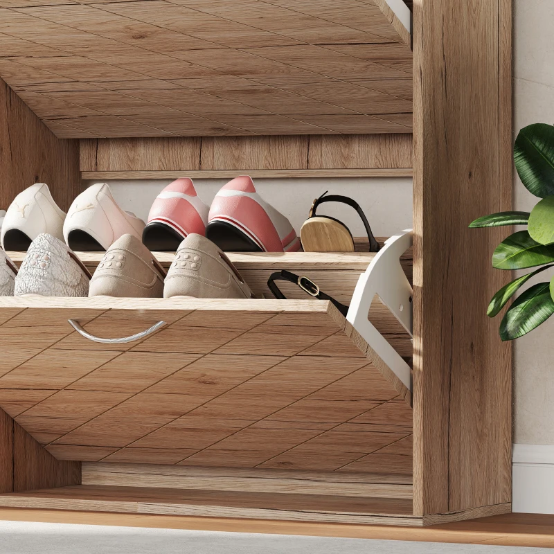 HOMCOM Shoe Storage Cabinet with 4 Flip Drawers, Narrow and Slim, 12-20 Pair of Shoes Organizer for Hallway, Entryway, Oak