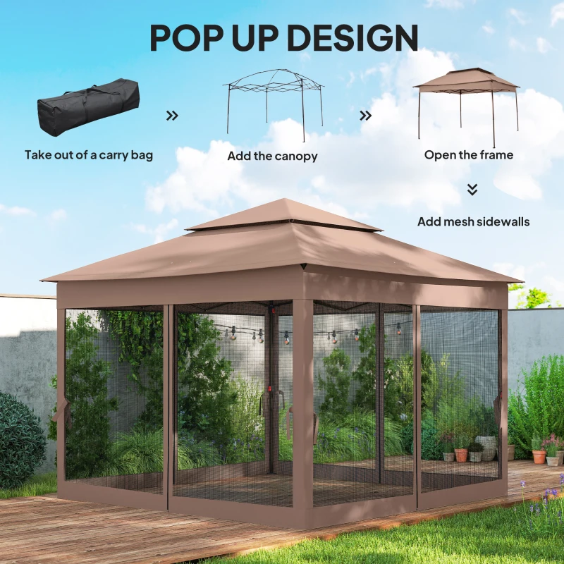 Outsunny Outdoor Patio Pop Up Canopy Gazebo Shelter with Zipper Netting, Carry Bag, 11' x 11', Brown