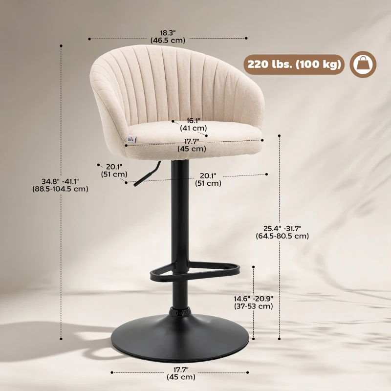 HOMCOM Bar Stools Set of 2, Swivel Counter Height Barstools with Back, Footrest, Adjustable Height, Beige