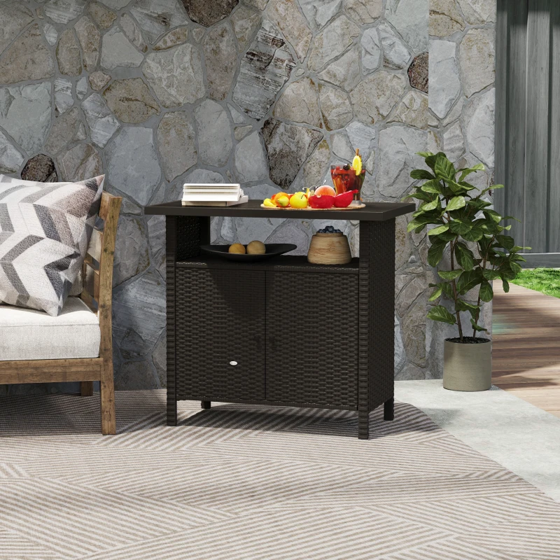 Outsunny Wicker Outdoor Storage Cabinet with Two Doors and Shelf for Outdoor Pool Towel Storage, Dark Coffee