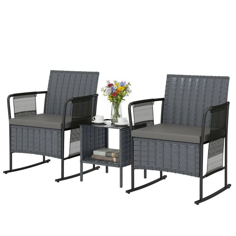 Outsunny 3 Pieces Rocking Bistro Set Outdoor Patio Furniture Set with Side Pockets, Mesh Seat, Cushions, 2-Tier Table, Grey