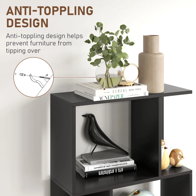 HOMCOM 5-Tier Geometric Bookshelf, S Shaped Bookcase, Modern Freestanding Display Shelf Unit for Home Office, Black