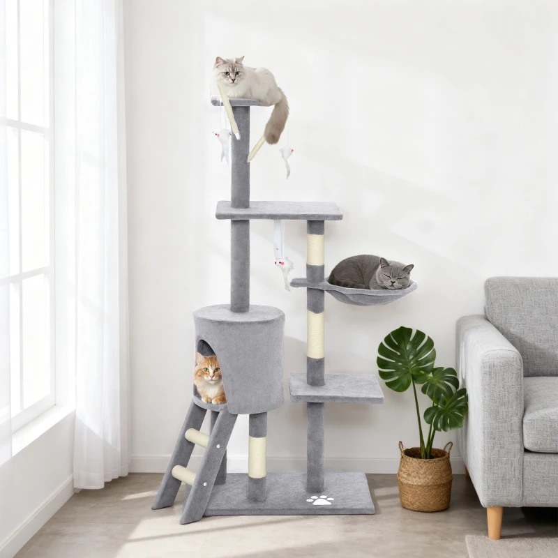 PawHut 53" Cat Tree Tower, Kitten Activity Centre with Scratching Posts, Condo, Perches, Ladder, Hammock, Dangling Toys, Grey