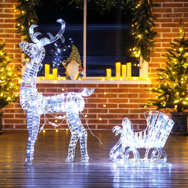 Outsunny Lighted Christmas Reindeer with Sleigh, Outdoor Reindeer with 170 LED Lights and Stakes, Holiday Decor, Silver