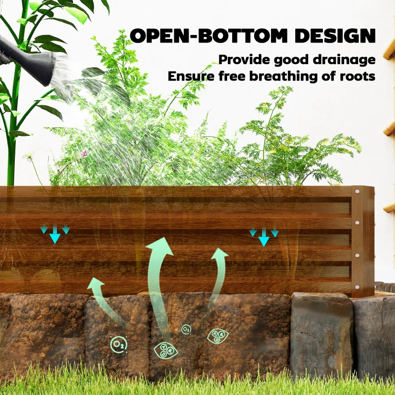 Outsunny Galvanized Raised Garden Beds, Outdoor Planter Box, Set of 2, for Flowers, Herbs and Vegetables, Brown Wood Effect