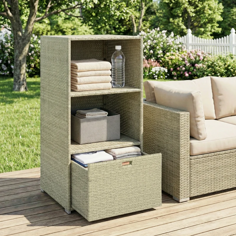 Outsunny Valet Pool Towel Rack, Water-Resistant PE Plastic Rattan Wicker Storage Organizer, 2 Shelves, 1 Basket Drawer