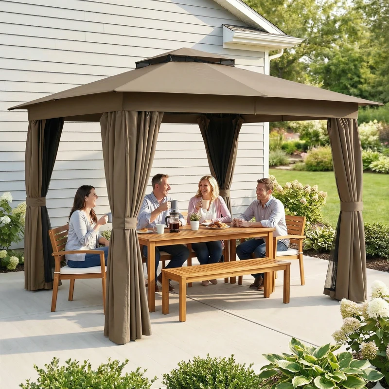 Outsunny 10' x 10' Outdoor Patio Gazebo, Soft Top Gazebo Canopy Shelter with Curtains, Netting, Steel Frame, Hook, Khaki