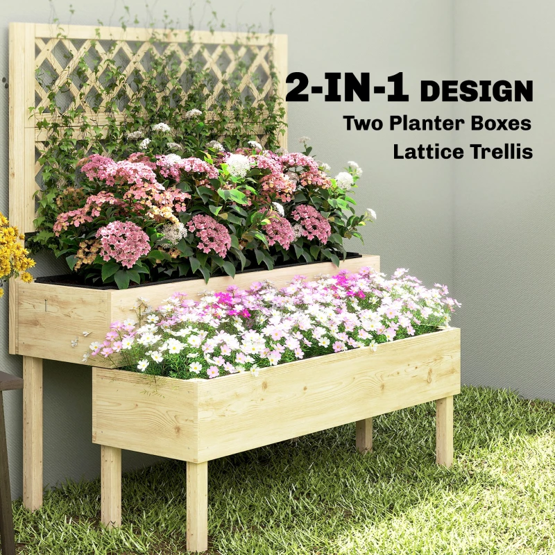 Outsunny 2-Tier Raised Garden Bed with Trellis, Elevated Planter Box for Climbing Plants, Natural