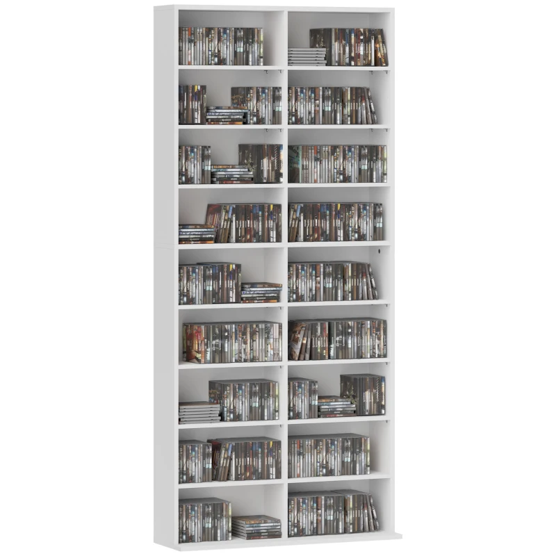 HOMCOM 9-Tier DVD Shelf with 18 Compartments and 14 Adjustable Shelves, Holds 640 CDs, 360 DVDs or 430 Blu-rays, White