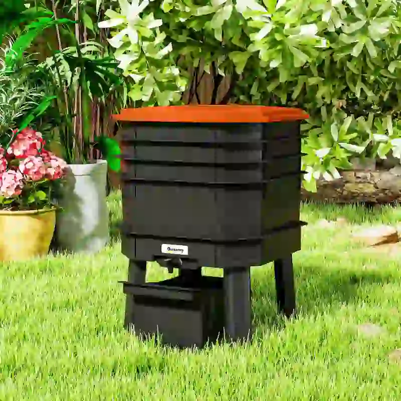 Outsunny 4-Tray Worm Composter Bin, 7.4 Gal Outdoor & Indoor Worm Composter for Recycling Food Waste, Orange
