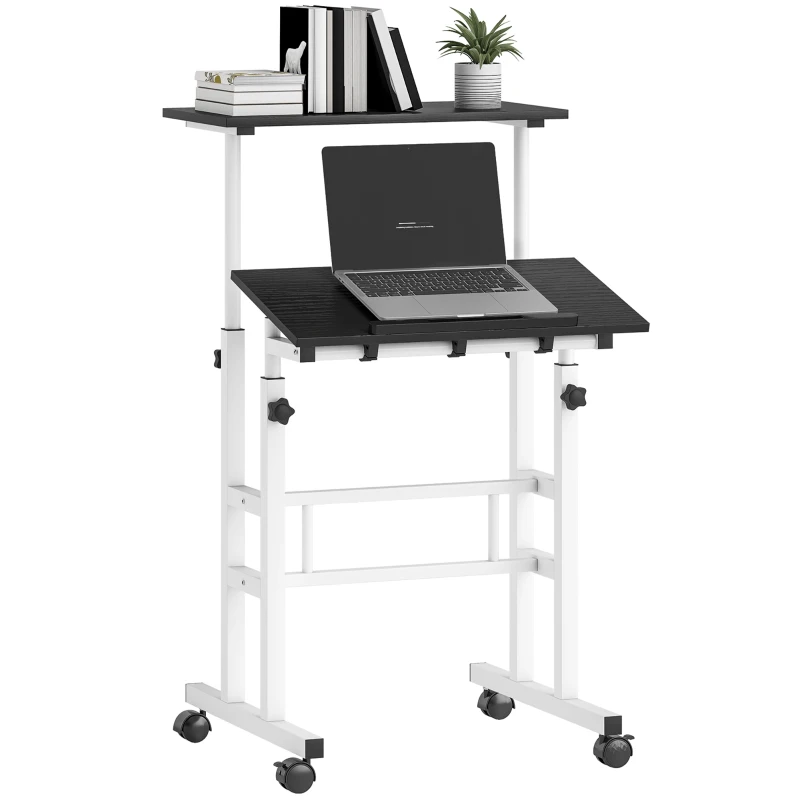 HOMCOM Stand Up Desk, Height & Angle Adjustable Computer Desk with Wheels for Standing or Sitting, Laptop Table, Black