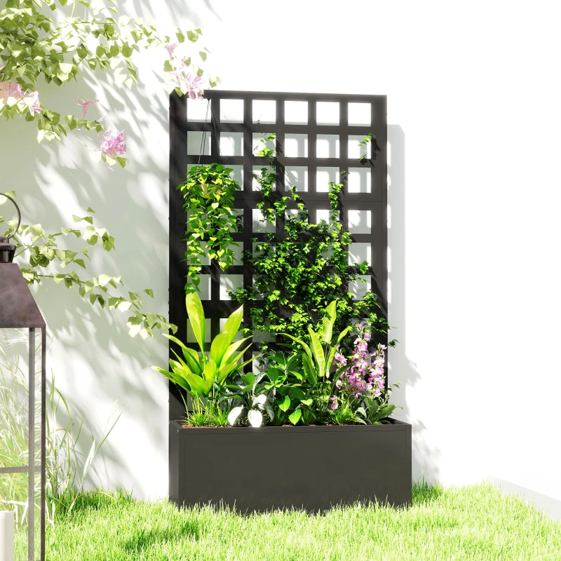 Outsunny Galvanized Raised Garden Bed Planter Box with Trellis for Climbing Plants, Vegetable, Vines, 24" x 9" x 44.5", Black