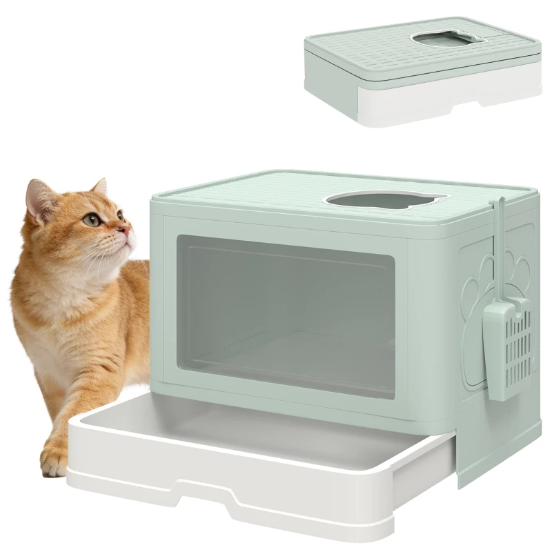 PawHut Cat Litter Box, Front Enter & Top Exit Cat Litter Tray with Scoop, Pull-out Tray, Easy to Clean, Green
