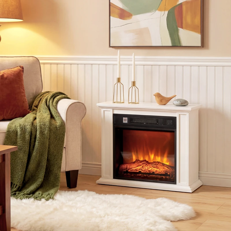 HOMCOM 26" Freestanding Electric Fireplace with Mantel, 1400W Replaceable Fireplace Insert Heater with 3D Flame Effect, WHite