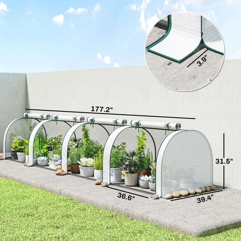 Outsunny Mini Greenhouse, Portable Greenhouse with 4 Roll-Up Doors, PE Cover, 177.2" x 39.4" x 31.5", White