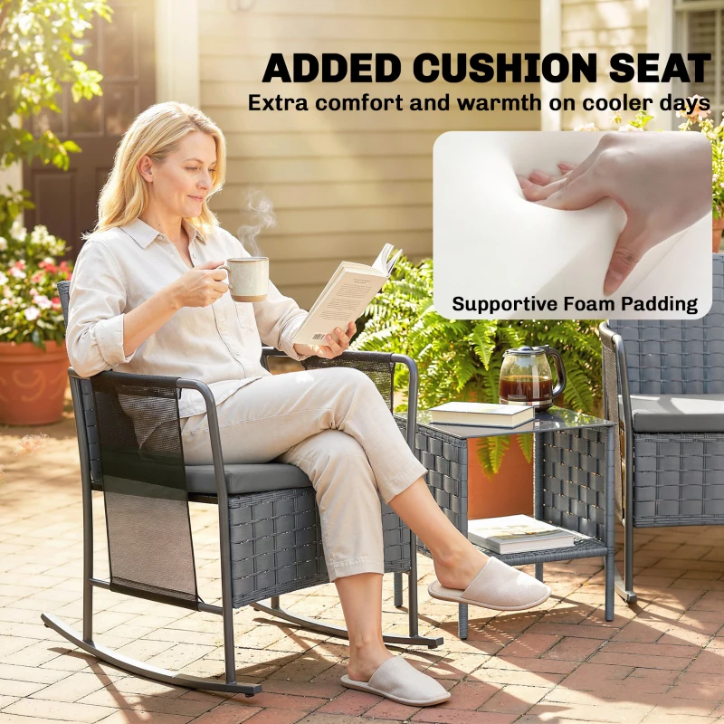 Outsunny 3 Pieces Rocking Bistro Set Outdoor Patio Furniture Set with Side Pockets, Mesh Seat, Cushions, 2-Tier Table, Grey