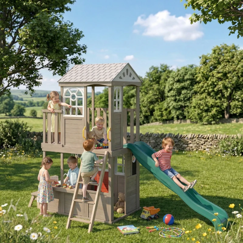 Qaba Two-Story Outdoor Playhouse, Wooden Kids Playhouse with Slide, Bench, BBQ Play Kitchen, Ladder, Lookout Platform, Clock