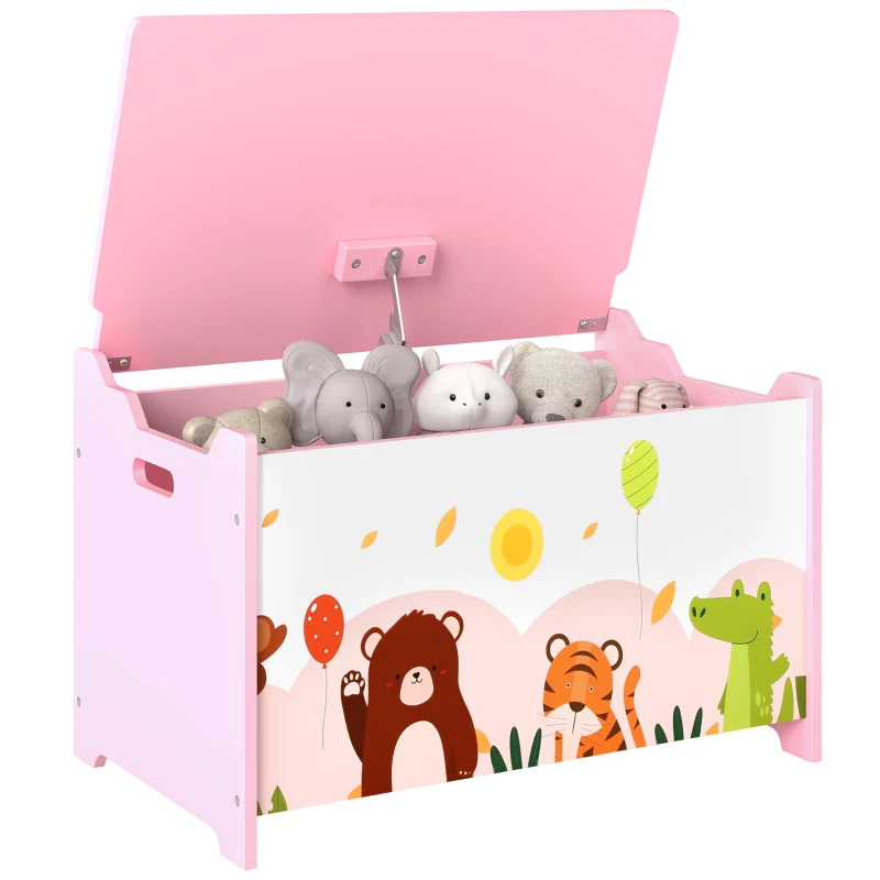 Qaba Kids Storage Chest with Lid, Toy Box Organizer with Safety Hinges for Playroom, Bedroom, Living Room, Pink