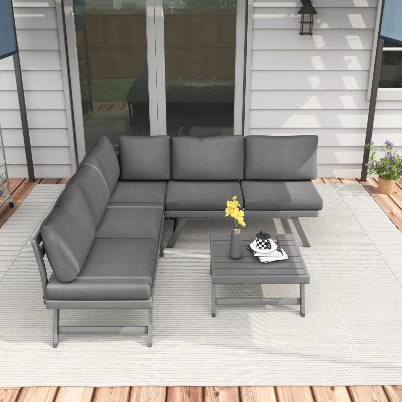 Outsunny Outdoor Corner Garden Set, Convertible 4-Piece Furniture with 2 Sofas, 1 Corner Chair, and 1 Coffee Table, Grey