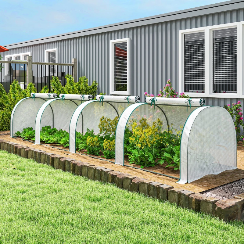Outsunny Mini Greenhouse, Portable Greenhouse with 4 Roll-Up Doors, PE Cover, 177.2" x 39.4" x 31.5", White