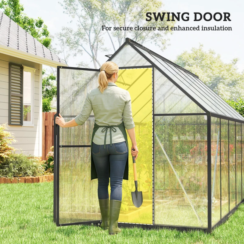 Outsunny Polycarbonate Greenhouse with Swing Door and Two Adjustable Roof Vents, Aluminum Walk-in Greenhouse, 11x6 ft, Black