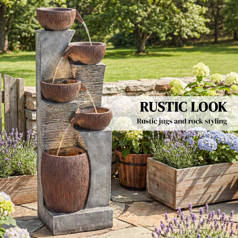 Outsunny Outdoor Water Fountain with 5-Tier Crock Design, 51.2" Tall Cascading Waterfall Garden Fountain with LED Lights