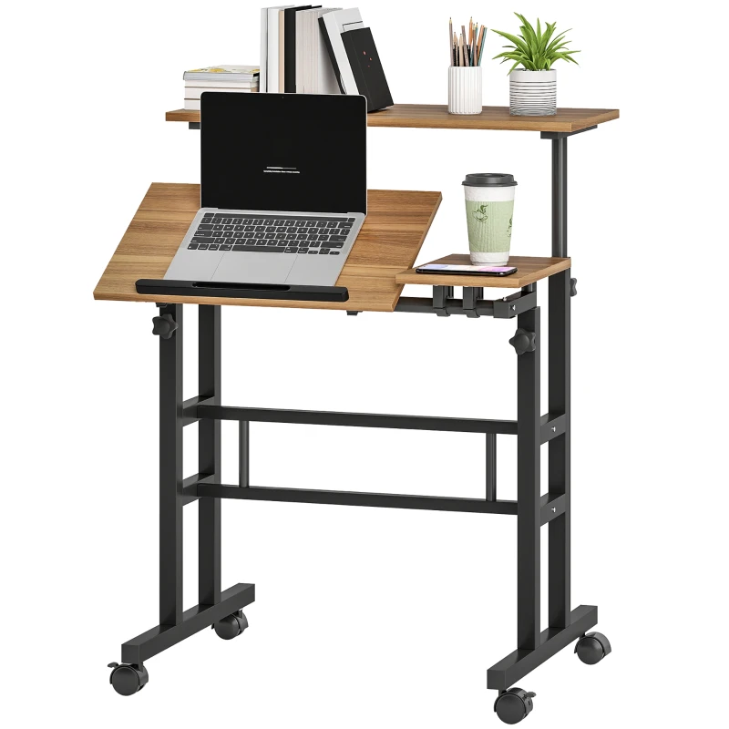 HOMCOM Mobile Stand Up Desk, Height & Angle Adjustable Computer Desk with Wheels for Standing or Sitting, Laptop Desk, Brown
