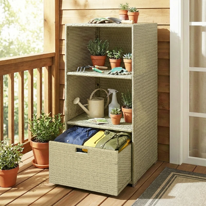 Outsunny Valet Pool Towel Rack, Water-Resistant PE Plastic Rattan Wicker Storage Organizer, 2 Shelves, 1 Basket Drawer