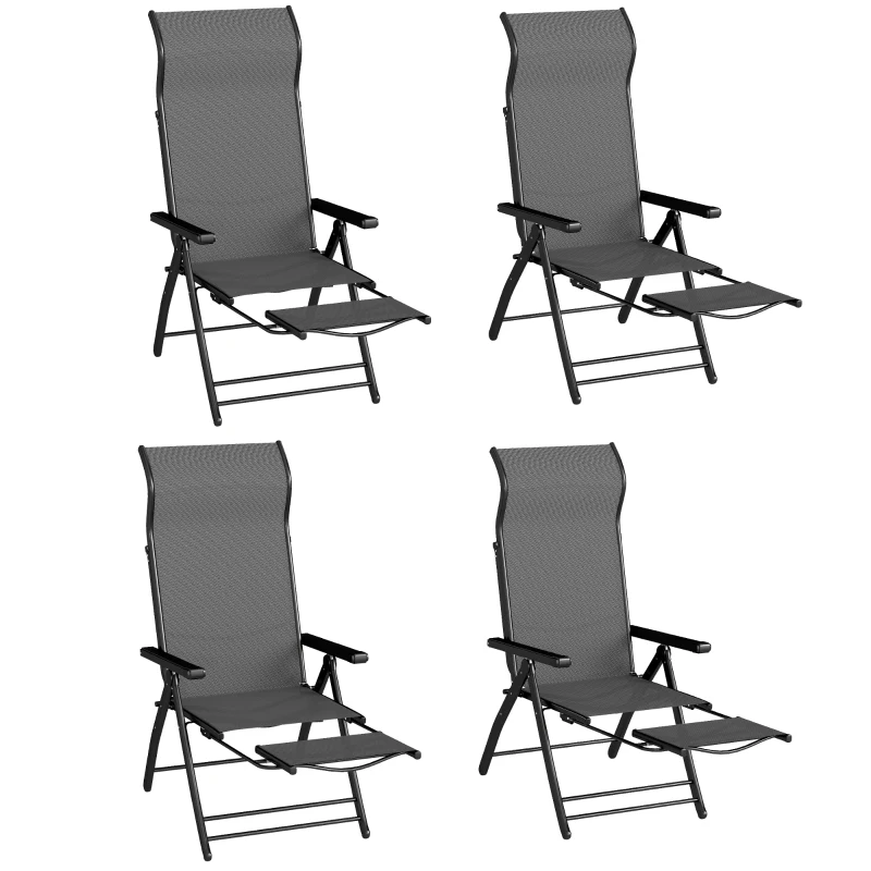 Outsunny Folding Patio Chairs Set of 2, 5-Position Outdoor Lounge Chairs with High Back, Retractable Footrest, Dark Grey