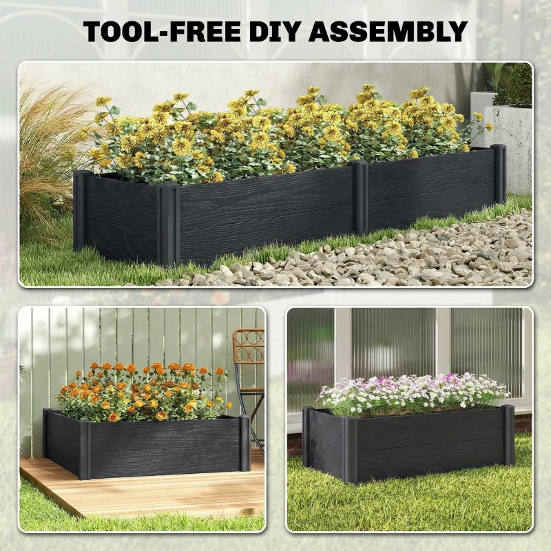 Outsunny Vinyl Raised Garden Bed Kit, 6.5 x 2 x 1ft Elevated Garden Box with Divider and Open Bottom, Grey Wood Effect