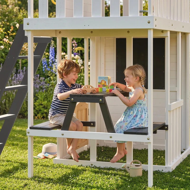 Qaba Two-Story Outdoor Playhouse, Wooden Kids Playhouse with Slide, Table & Bench, Play Kitchen, Ladder, Blackboard, White