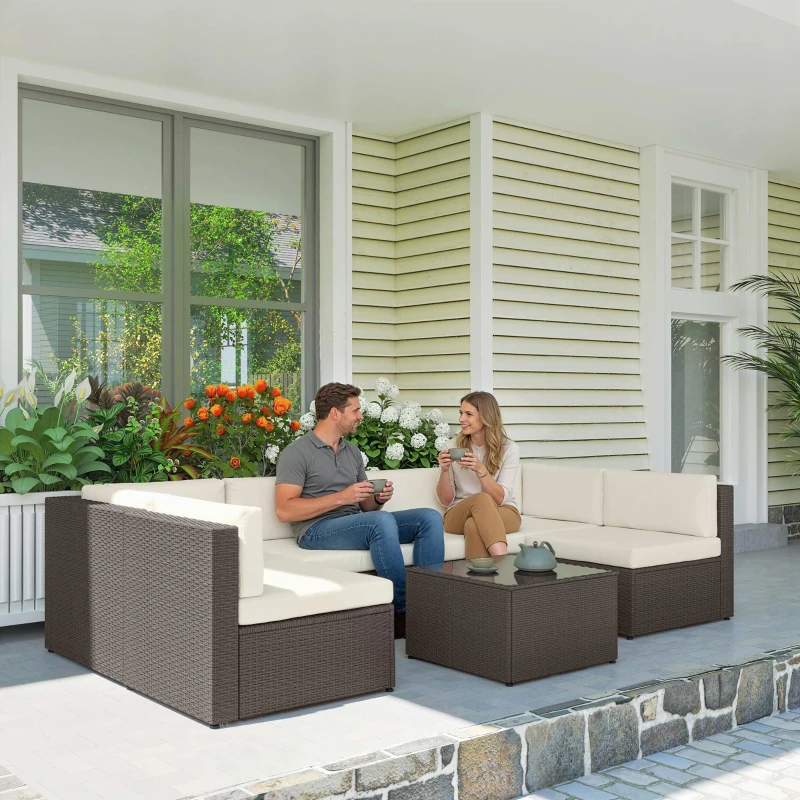 Outsunny 7 Piece Patio Furniture Set, All Weather PE Rattan Outdoor Furniture Conversation Sets with Glass Top Coffee Table