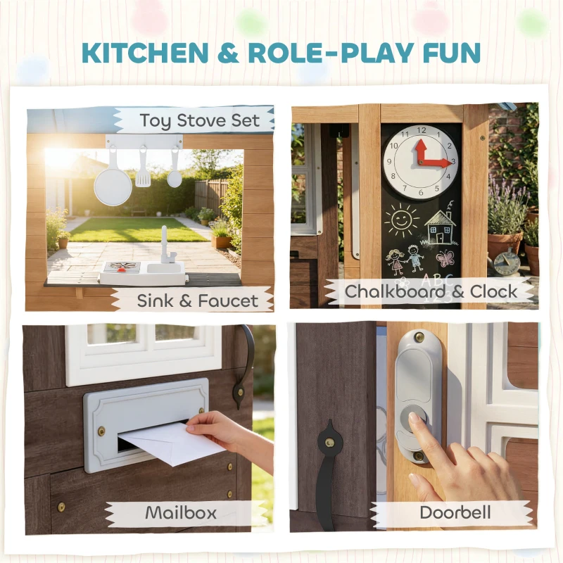 Qaba Wooden Kids Playhouse with Pet Door, Play Kitchen, Mailbox, Doorbell, Birdhouse, Fence and Windows for Pretend Play