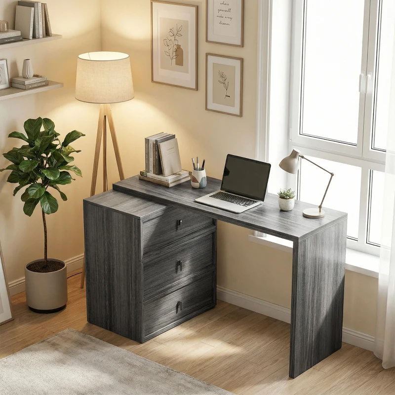 HOMCOM L Shaped Computer Desk Home Office Desk with 3 Drawers Black Wood Grain