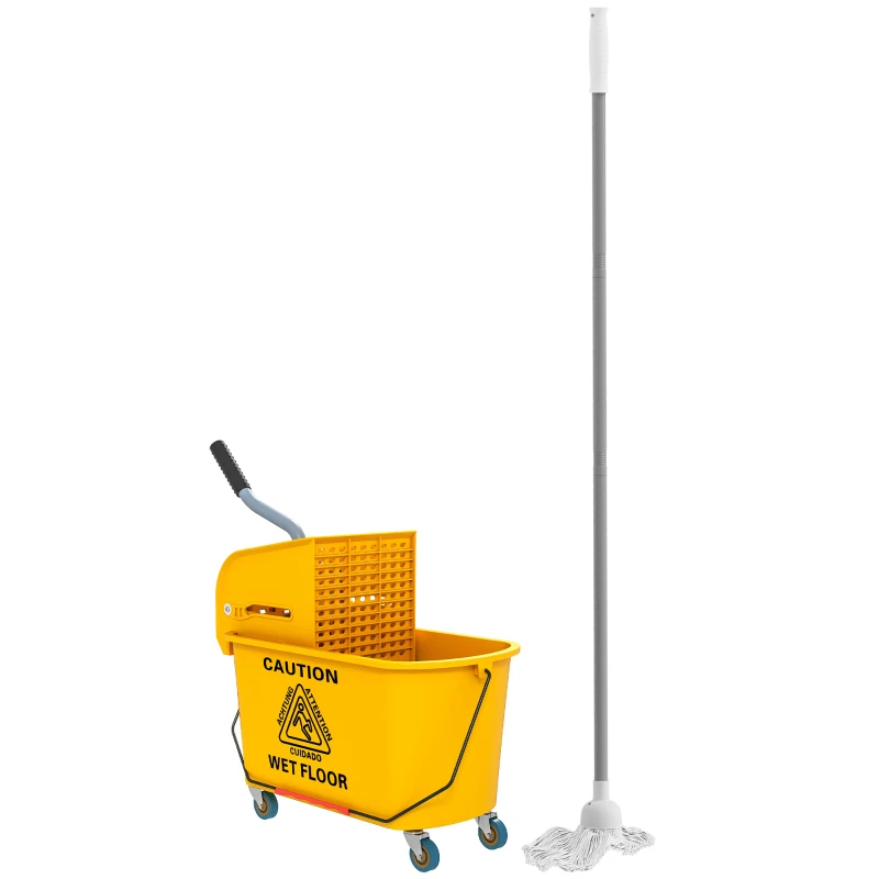 HOMCOM Mop Bucket with Wringer on Wheels for Floor Cleaning, 21 Quart Side Press Wringer with Handle and Mop, Yellow