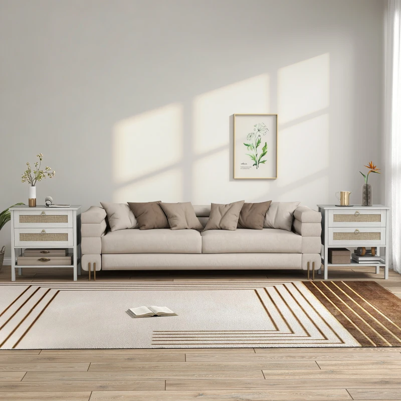 HOMCOM Set of 2 Boho Bedside Tables, Rattan Nightstands with 2 Drawers, Storage Shelf, End Side Tables for Bedroom, White Oak